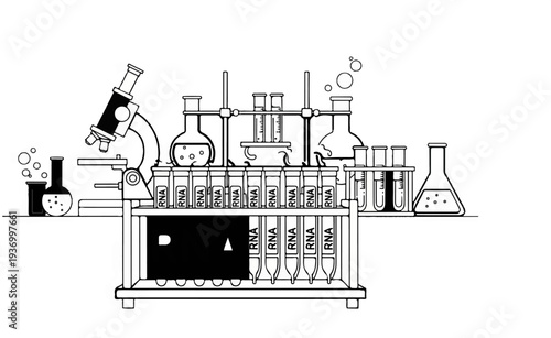 Scientific laboratory equipment with microscope, flasks, and test tubes