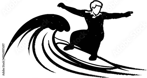 Silhouette of a surfer riding a large wave, abstract artistic style