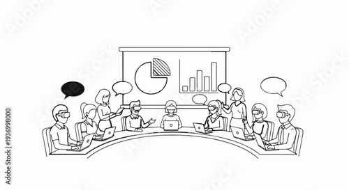 Diverse group in VR headsets collaborate around a conference table