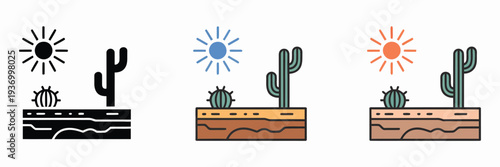 Drought icon set multiple style collection featuring flat, line, and colored vector icons representing arid conditions, water shortage, desertification