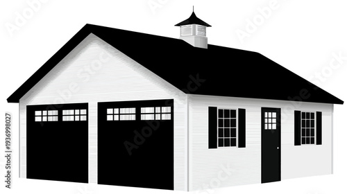 Black and white illustration of a two-car garage with a cupola and a side door and windows