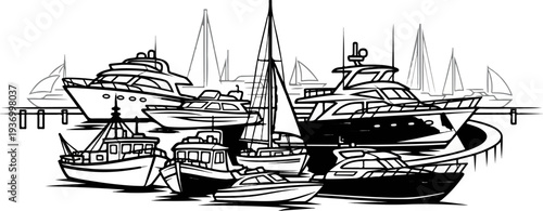 A harbor scene with various boats and yachts docked at a pier