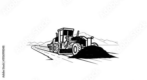 Grader machine on a road construction site with a pile of dirt