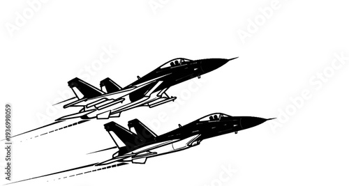 Two stylized black and white fighter jets in flight leaving contrails