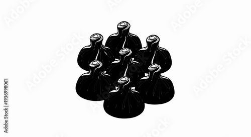 A cluster of seven abstract, rounded black shapes with swirled tops