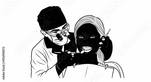 A dentist in protective gear examines a smiling patient's mouth with tools