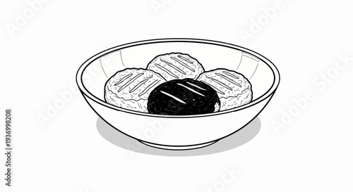 A bowl holds four round, textured patties, one dark, three light