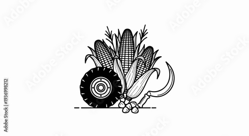 Stylized farming emblem with corn, wheel, and sickle