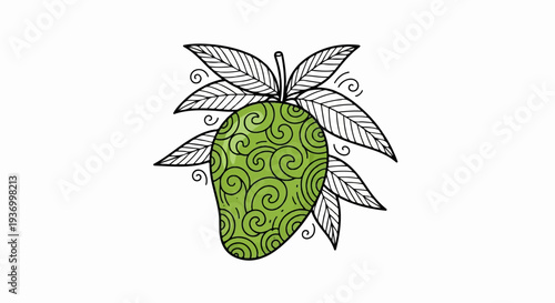 Stylized green fruit with swirling patterns and surrounding leaves