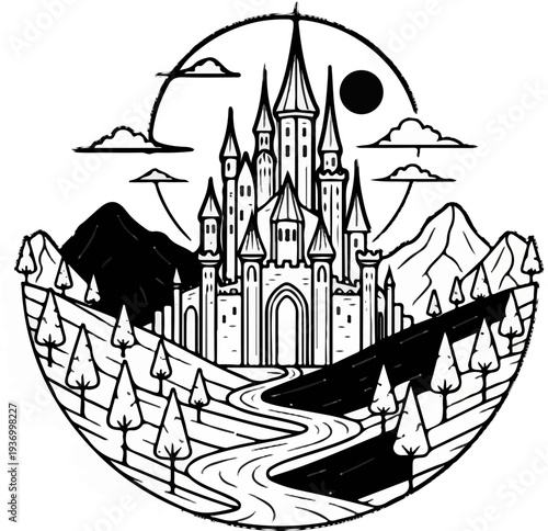 Majestic castle atop a hill with winding river, mountains, and trees