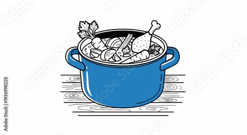 A blue pot overflowing with hearty soup containing vegetables and a chicken leg