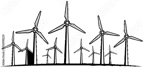 Stylized illustration of multiple wind turbines in a field at dawn