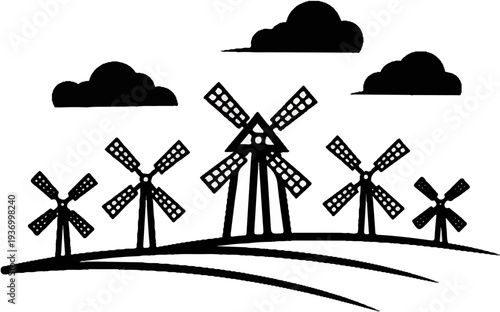 Stylized landscape featuring multiple windmills against a cloudy sky