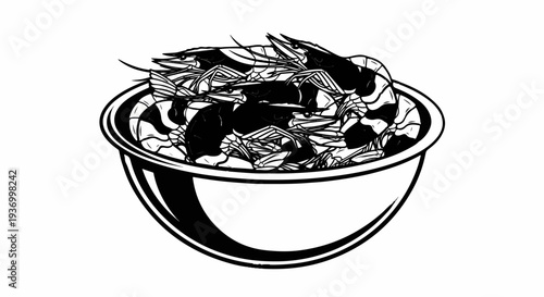 A black and white illustration of a bowl filled with fresh shrimp