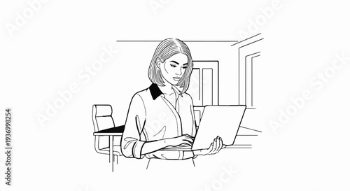 Woman in office attire intently working on a laptop computer