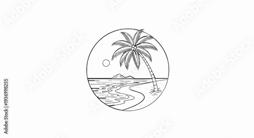 Stylized tropical beach scene with a palm tree, island, and sun within a circle
