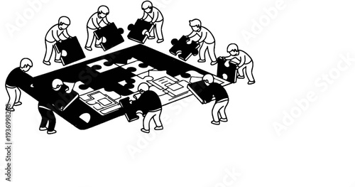 People assembling a large, complex jigsaw puzzle together