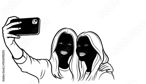 Two smiling friends taking a selfie with a mobile phone