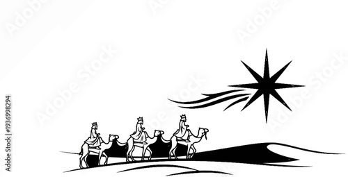 Three robed figures wearing crowns ride camels across a desert under a bright star