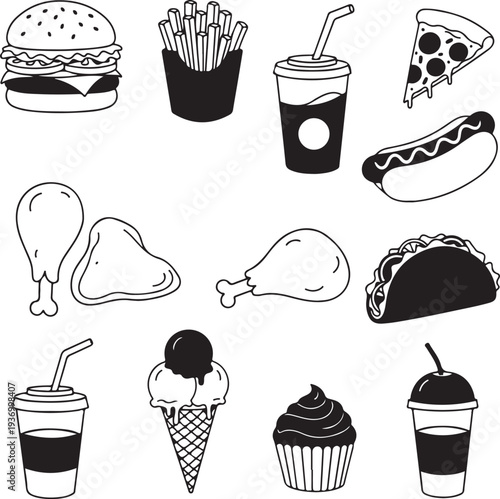 Black and white illustrations of various fast food items