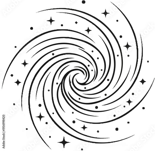 Stylized spiral galaxy with stars and dots against white background