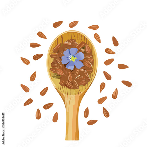 Wooden spoon with flaxseed seeds and blue flower