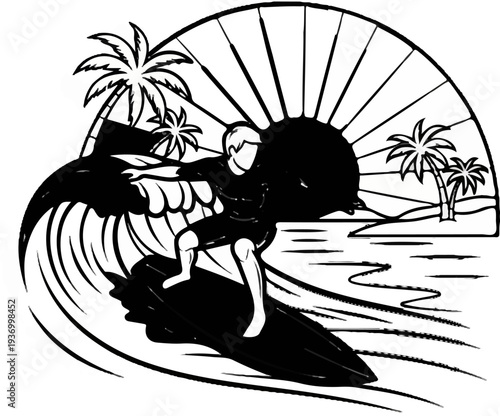 Surfer rides a wave at sunset with palm trees on island in background