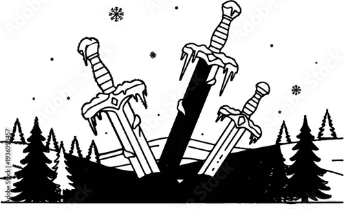 Three swords with icy hilts protruding from snowy ground with trees