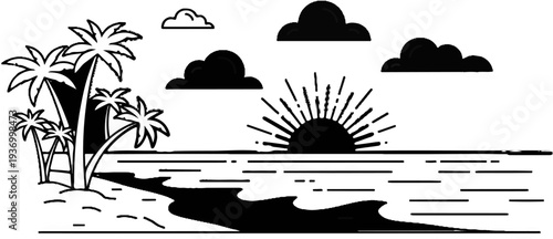 Tropical sunset with palm trees on a beach, sun setting over water