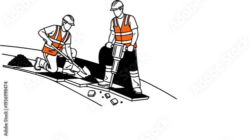 Two construction workers in safety gear pave road with asphalt and jackhammer