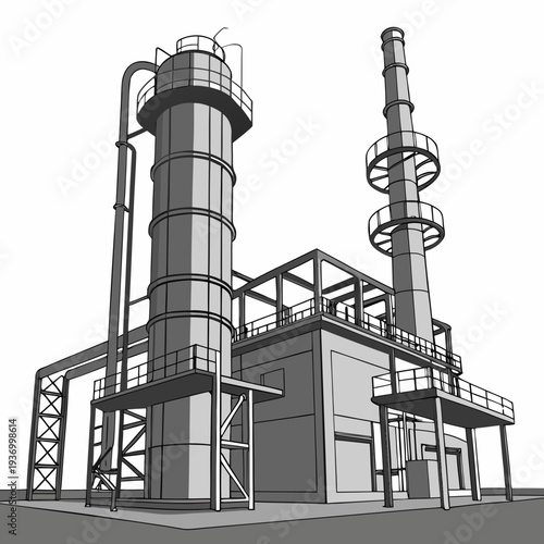 Industrial processing facility with smokestacks and catwalks