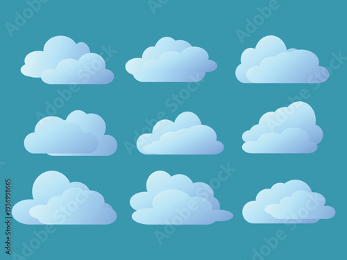 White clouds set isolated on blue background vector icon sign and symbol. Nature sky element collection.