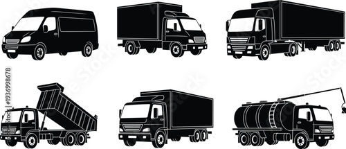 Commercial trucks and delivery vehicles set, black silhouettes of cargo van, dump truck, semi-trailer, and tanker for logistics and transport industryCommercial trucks and delivery vehicles set,