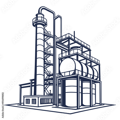 Industrial refinery with smokestack and cylindrical tanks