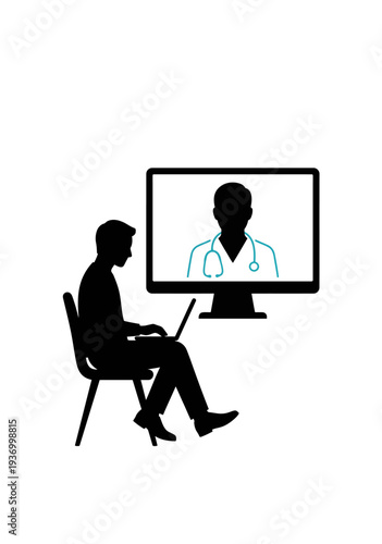 Man in black sitting with laptop in front of monitor with doctor on screen