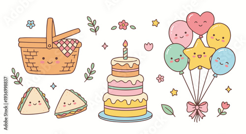 A cute vector doodle collection of elements for a child’s birthday picnic invitation. Includes a happy picnic basket with a checkered blanket poking out, smiling sandwiches, a tall cake with a single 