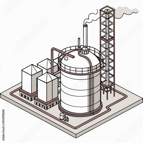 Isometric oil refinery with smokestack and storage tanks