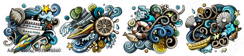 Marine cartoon vector doodle designs set. Colorful detailed compositions with lot of maritime objects and symbols. Isolated on white illustrations