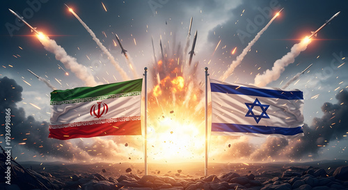 Iran and Israel Geopolitical Conflict with Missiles and Explosions. AI Generated