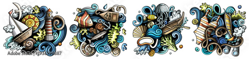Marine cartoon vector doodle designs set. Colorful detailed compositions with lot of maritime objects and symbols. Isolated on white illustrations