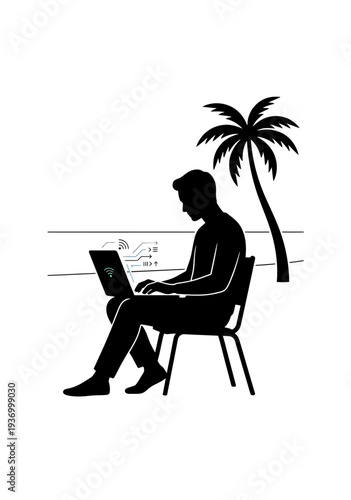 Man working remotely on laptop near palm tree by the sea