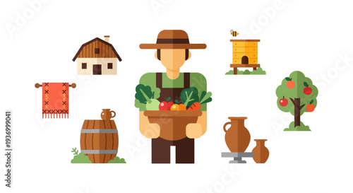 Farmer Holding Harvest Basket. Agriculture and Rural Life Icons. Flat Design Set for Homesteading, Organic Food, and Sustainable Living.