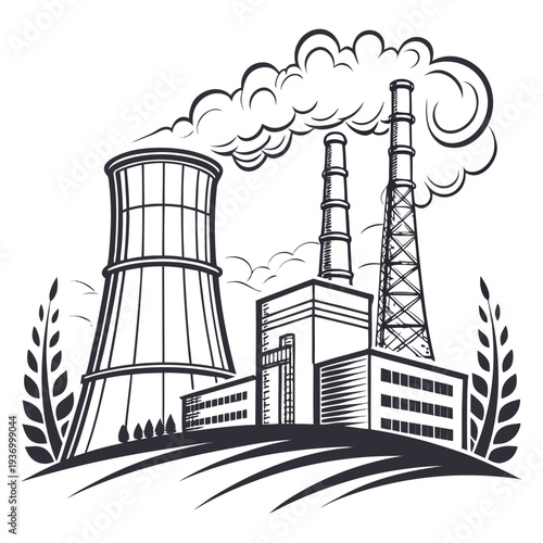 Nuclear power plant with cooling tower and smokestacks