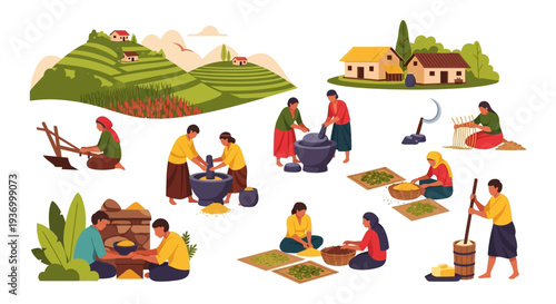 Manual Labor and Traditional Farming Set. Rural Villagers Grinding Grain, Plowing Fields, and Processing Food in a Hilly Agricultural Landscape.