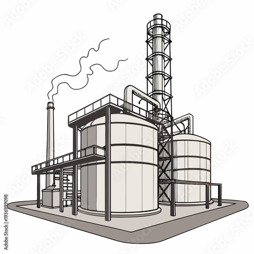 Oil refinery with smokestack and storage tanks industrial