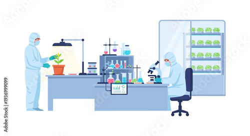 Plant Biotechnology Research Lab: Scientists in clean suits analyze GMO crops, genetic samples, and controlled vertical farming growth using microscopes and lab equipment.