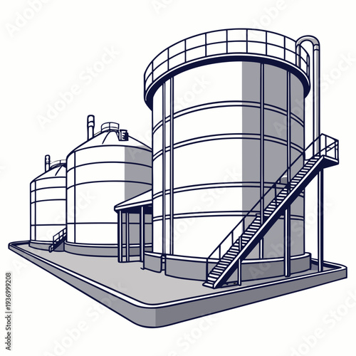 Industrial facility with large storage tanks and staircase