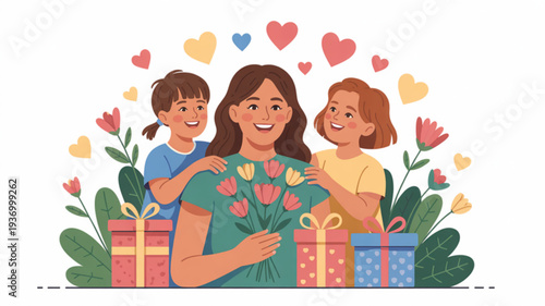 Happy mother and children celebrating with gifts and flowers on mother's day