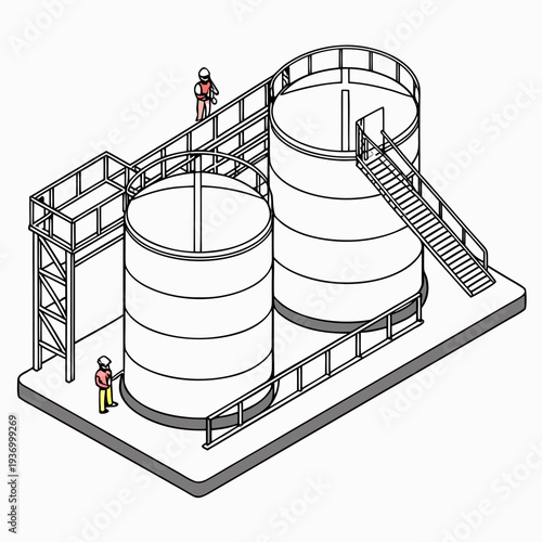 Industrial processing facility with cylindrical tanks and workers