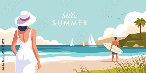 Concept of vacation and travel. Beautiful summer day at the beach with a woman in a white dress and a man holding a surfboard. Vector illustration.